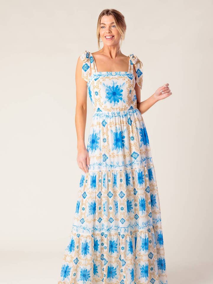 A printed woven maxi dress - ID22141 IVORY BLUE for wholesale on Faire