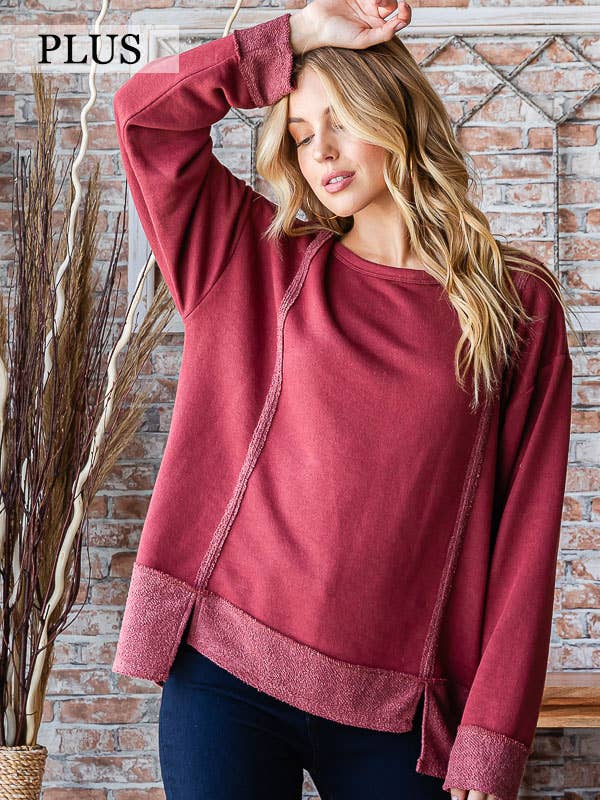 7th Ray - Wholesale Knit Top - Women's - Cotton Blend Raw Edge Hi Low Long Sleeve Top T5276XL