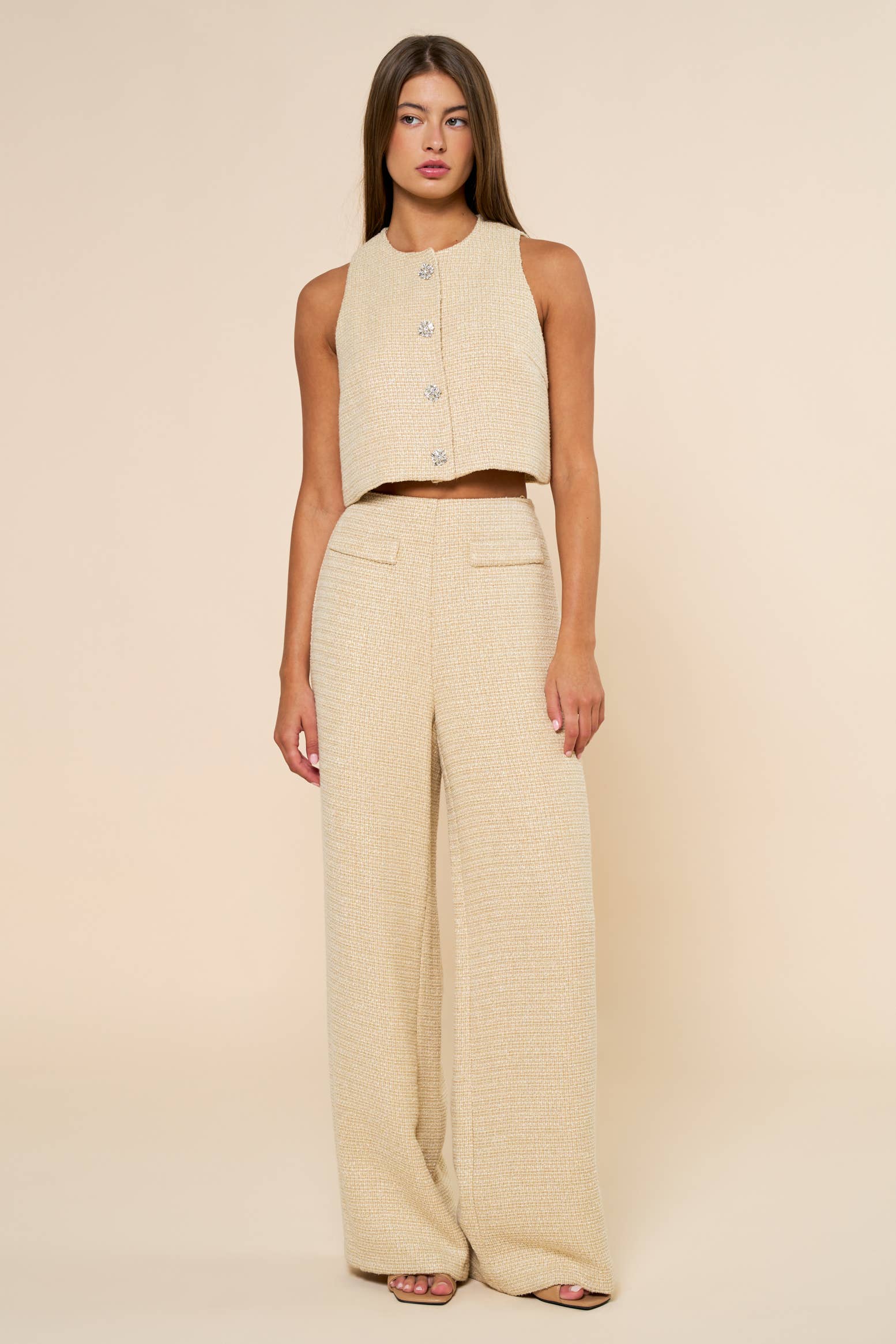 Jaune Ensemble haut court sans manches en tweed et pantalon large en vente sur Faire2