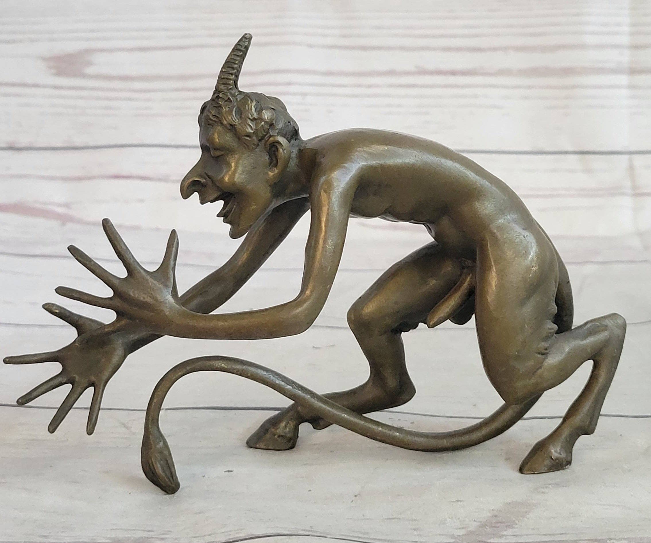 Bronzhaus - Wholesale Sculpture - Greek Satyr Chasing Nymph Bronze Figurine Sculpture Demon Horny Devil Satan 5" x 7"4