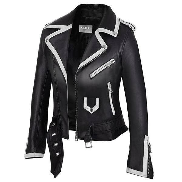 Veste en cuir d'agneau classique noire à bretelles blanches pour femmes Cynthia pour la vente par Slade Leather