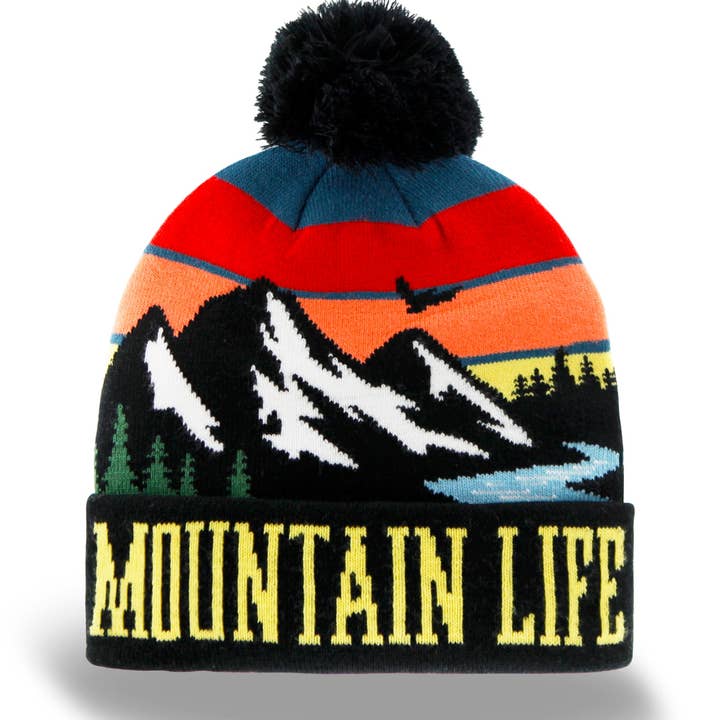 Mountain Life Knit Beanie Winter Hat with Pom Pom Outdoor Hiking Adventure Style for wholesale by Northern Icons Creations INC