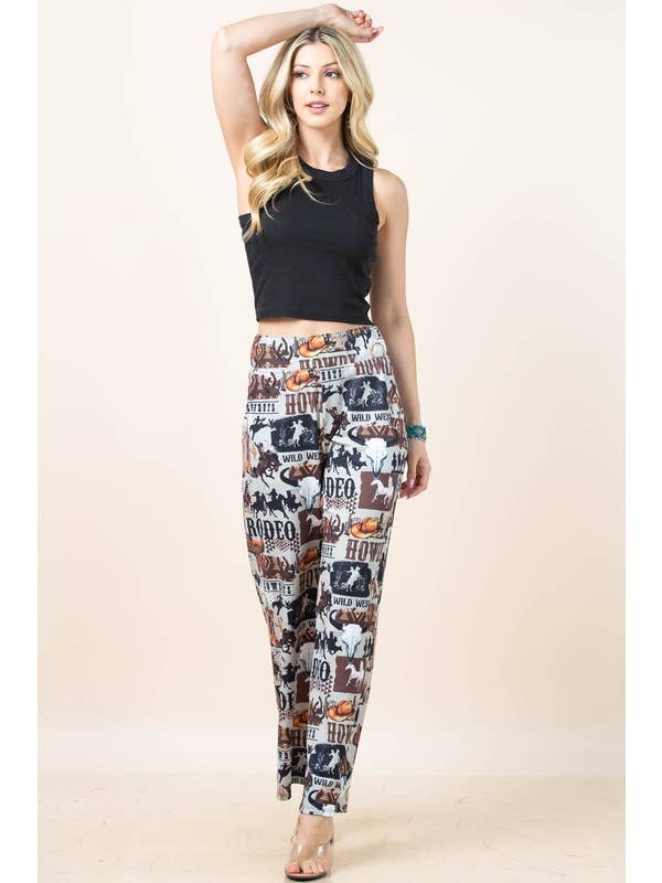 Grey Brown AP1309-TAYLOR WESTERN PRINT ELASTIC WAIST STRETCH PANTS for wholesale on Faire6