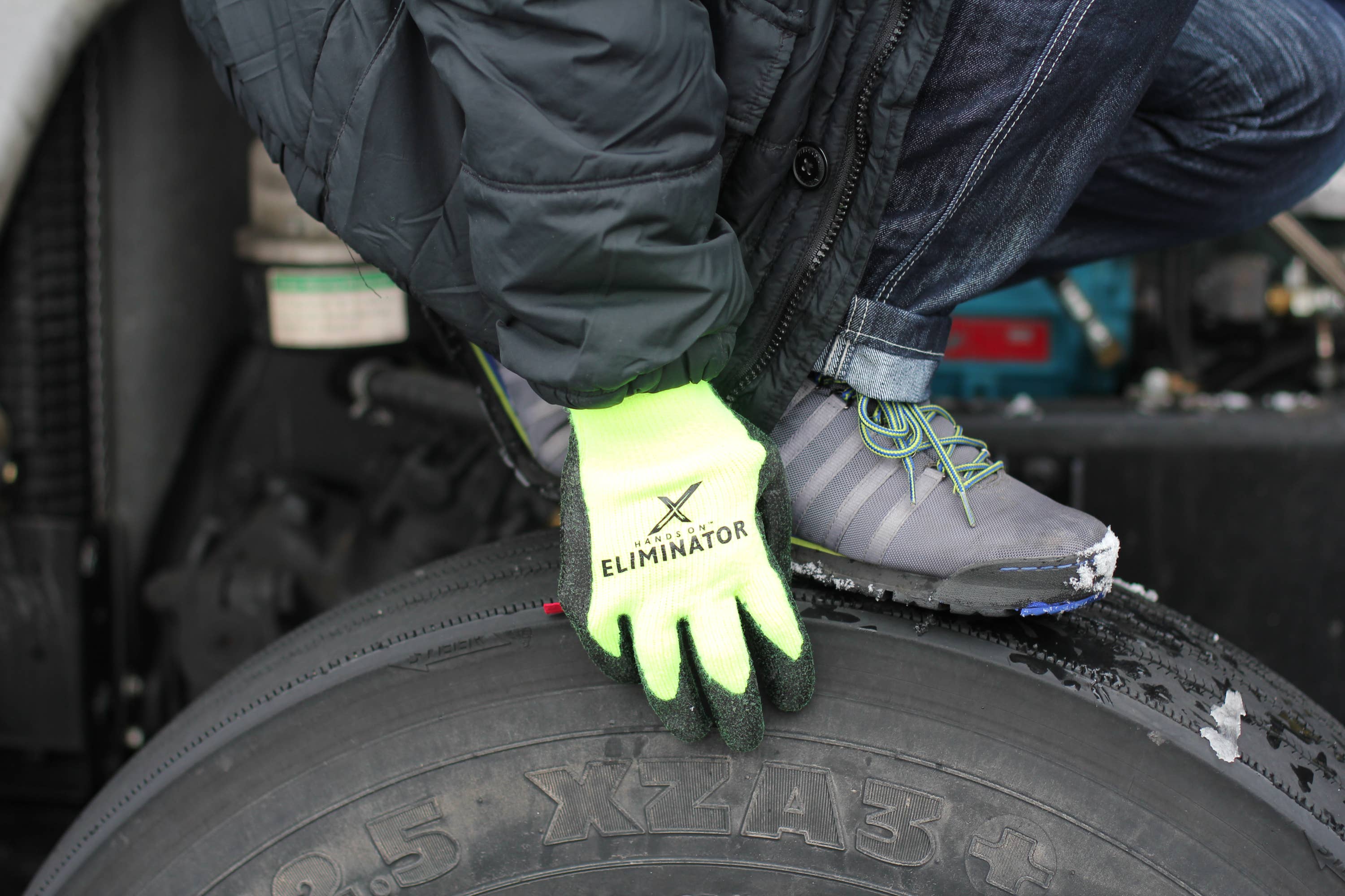 Hi Viz Green Black HANDS ON™ Lined Smooth Nitrile Coated Gloves for wholesale on Faire4