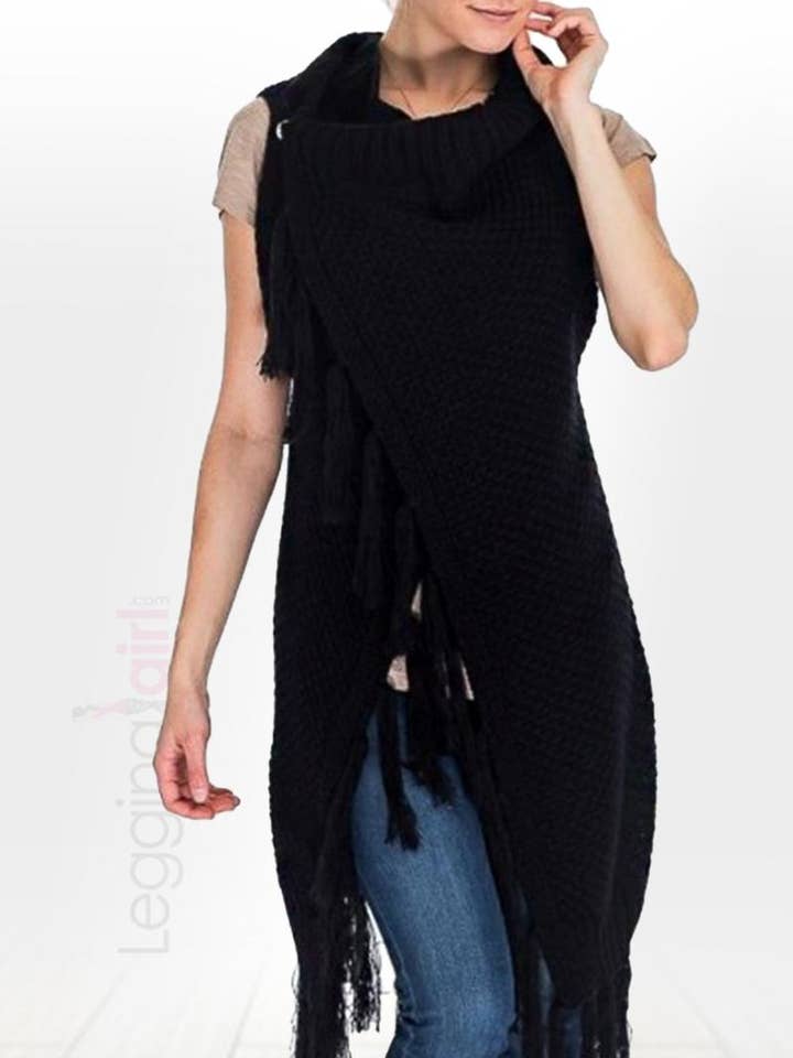 Strik Lang Vest - Sort for engroshandel hos LeggingGirl.com