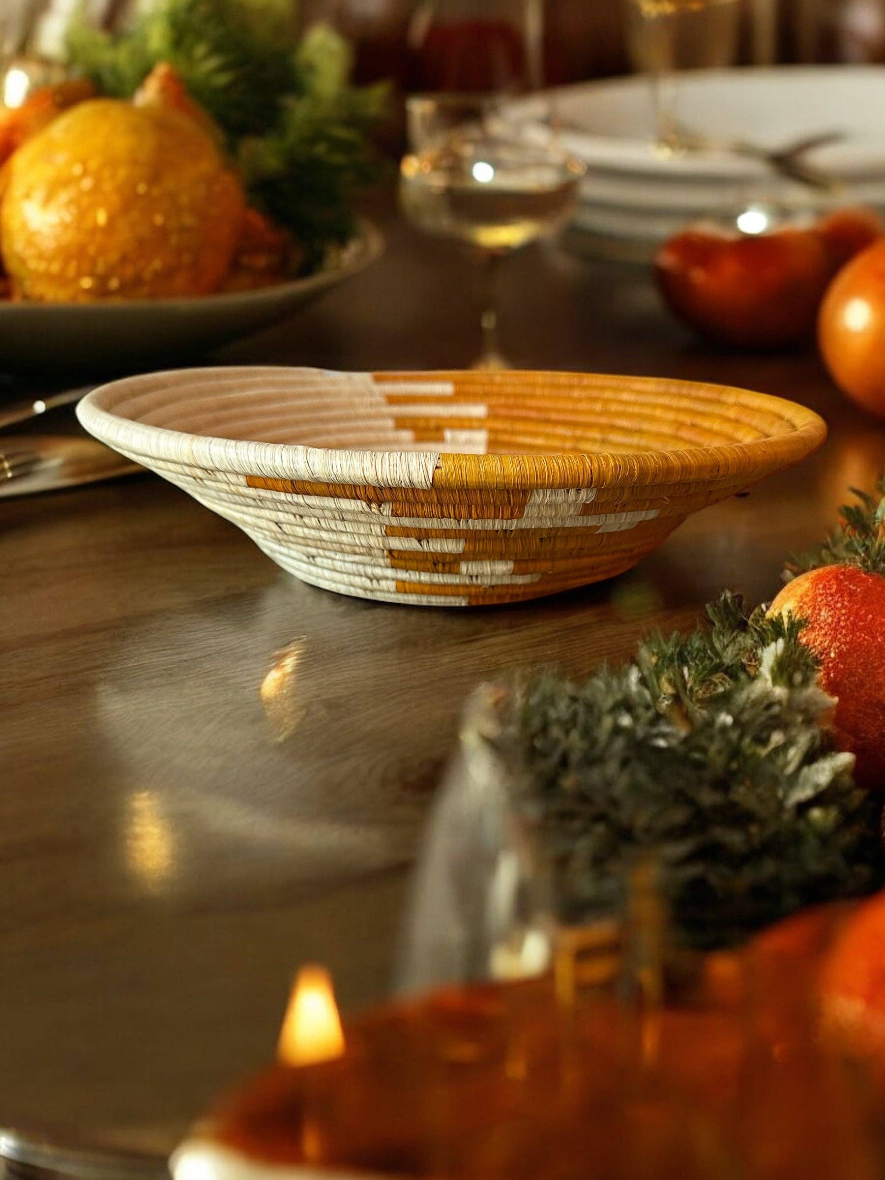 The African Home Goods - Wholesale Decorative Plate/Dish/Bowl - Trade Uganda African Bukedo Bowl Light Orange with White 12" Across1