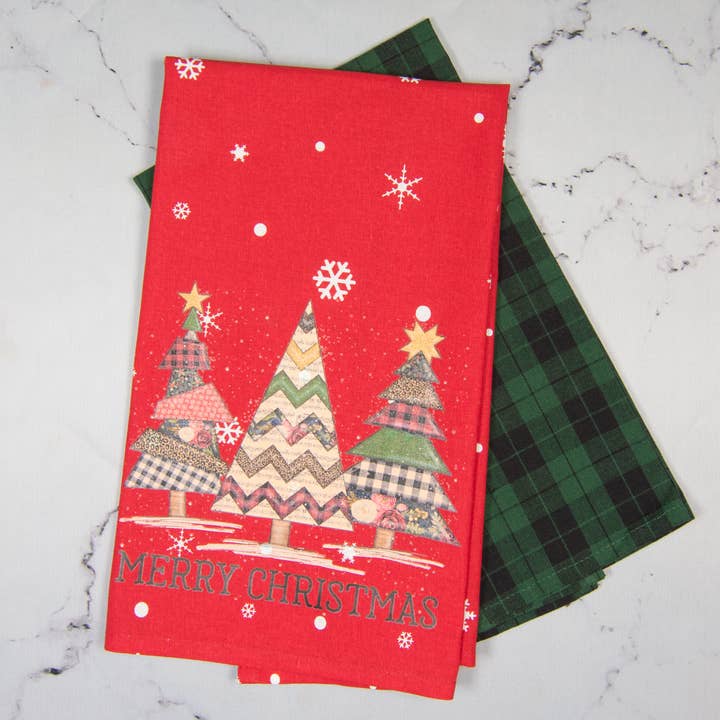 Set di due asciugamani - Alberi di Natale Felici per la vendita all'ingrosso da parte di Dunroven House