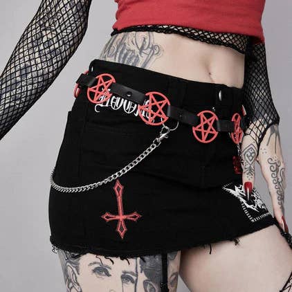 BT485-RS RED LARGE PENTAGRAM BELT LEATHER LINK BUCKLE BACK for wholesale by Funk Plus