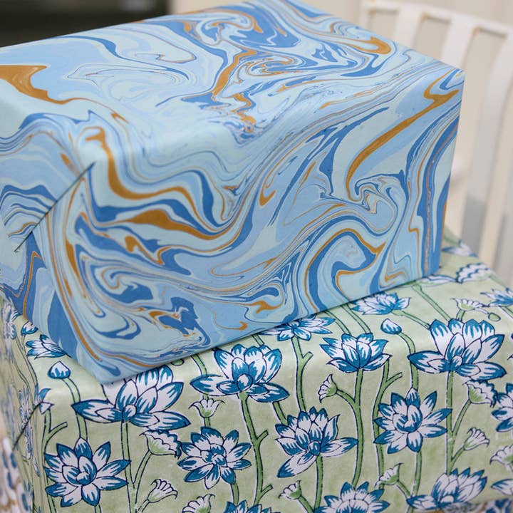 Paper Mirchi - Wholesale Flat Wrap - Hand Marbled Wrapping Paper Sheets - Free Spirit Summer Sky