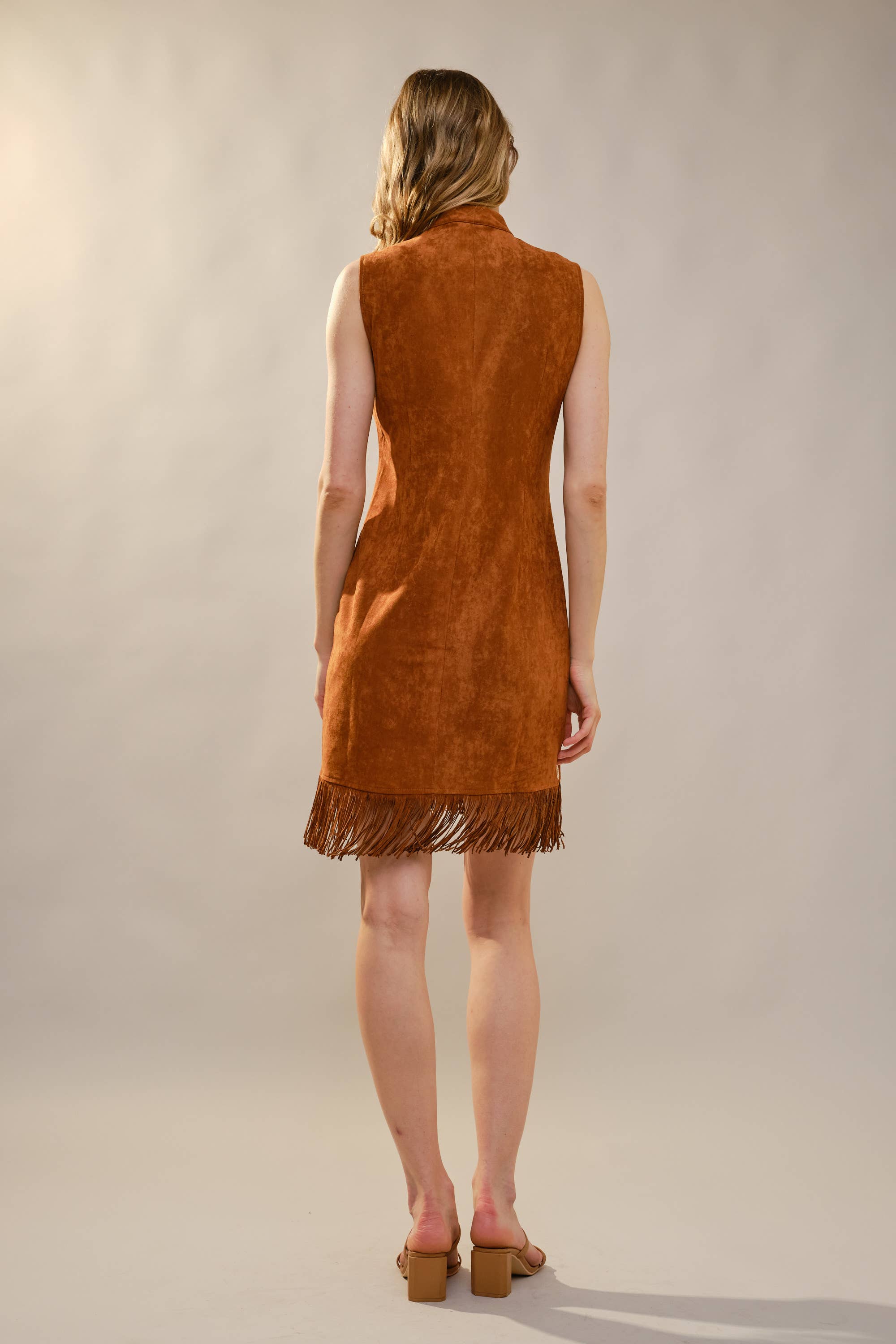 BROWN 99655D Embroidered Suede Fringe Dress for wholesale on Faire7