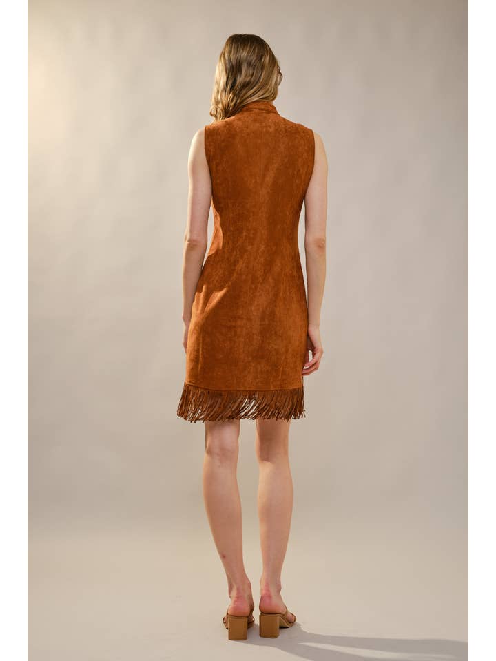 BROWN 99655D Embroidered Suede Fringe Dress for wholesale on Faire7