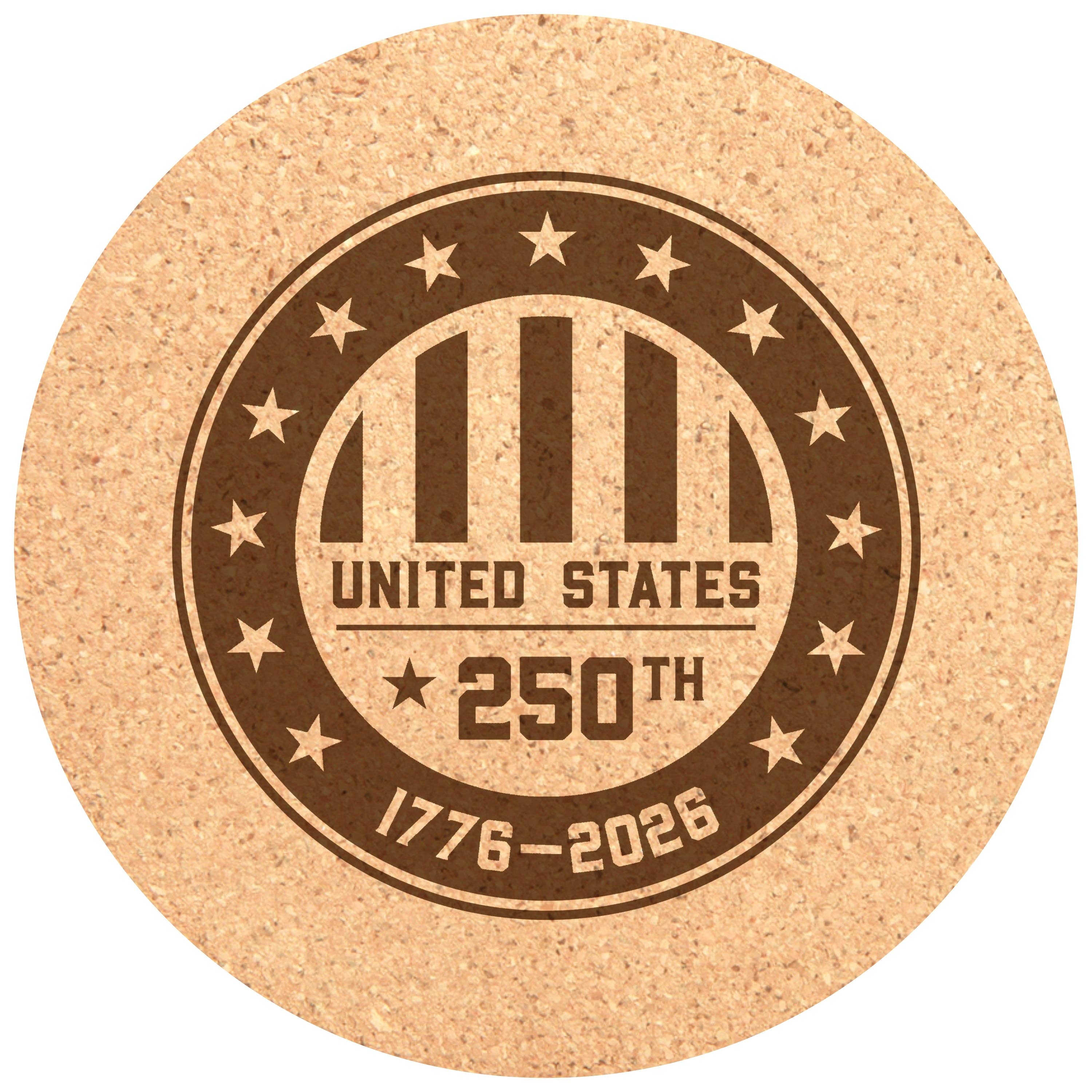 GiftWorksPlus - Wholesale Coasters - USA 250 - Engraved Cork Coaster - G-CRK1-1-00400