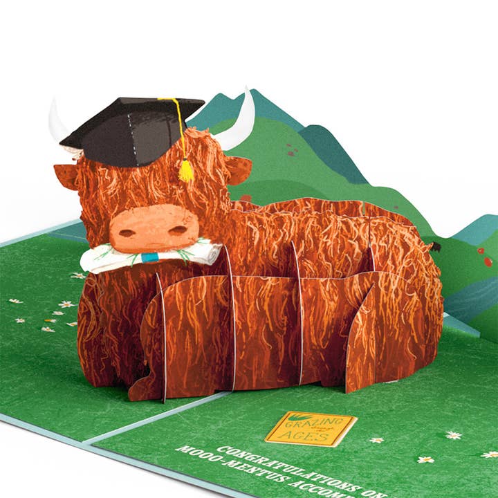 Heard You're Graduating Highland Cow Pop-Up Card 5x7" for wholesale by Lovepop Cards