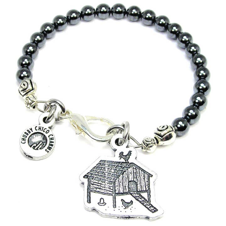 Chubby Chico Charms - Wholesale Charm/Dangle Bracelet - Cute Little Chicken Coop With Chickens Hematite Glass Bracelet