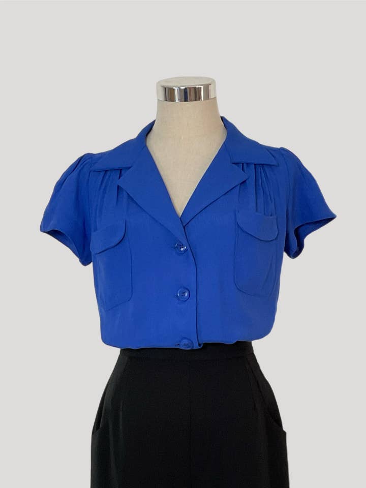Evita Vintage style Blouse Royal Blue Crepe Rayon for wholesale by Retrospec'd Clothing