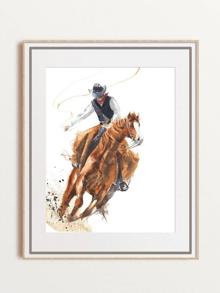 Cowboy Roping Horse Rodeo Watercolor Art, Unframed Giclee for wholesale by Yuliasheart