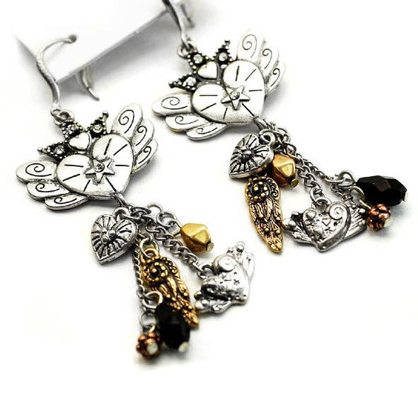 Love Gives You Wings! Star and Winged Heart Dangling Charm Beaded Earrings for wholesale by Silver Insanity