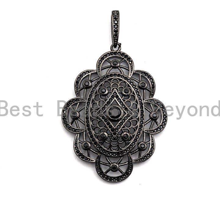 BestBeads&Beyond - Wholesale Individual Charm/Pendant - CZ Clear/Black Micro Pave Symmetric Filigree Flower Pendant, Gold/Rose Gold/Silver/Gunmetal plated, 34x45mm, Sku#F787