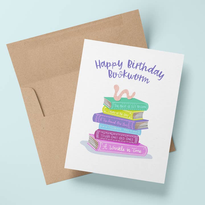 Bookworm Birthday Greetings Card for Book Lovers and Readers for wholesale by Wee Birdy