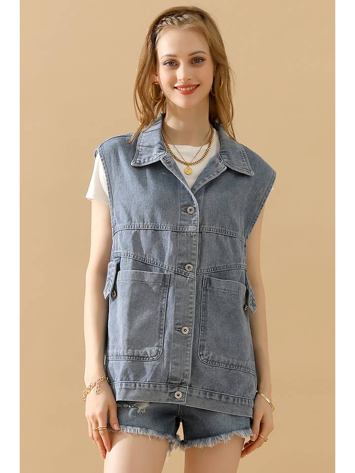 NINEXIS - Wholesale Outerwear Vest - Women's - CWJV0008-B_VINTAGE BUCKELE POCKET COLLAR DENIM VEST