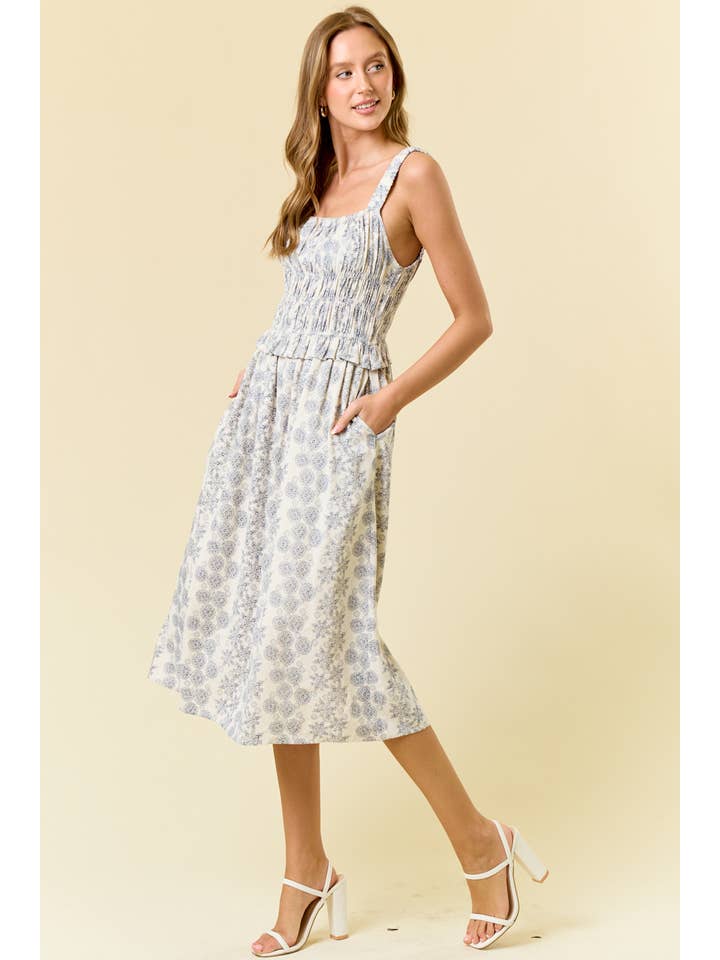 NAVY Linen Blend Square Neck Midi Dress W/ Side Pocket - 27945D for wholesale on Faire
