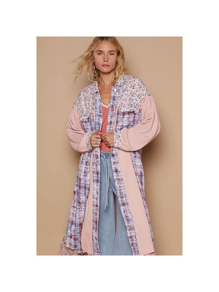 Pol Clothing - Wholesale Shirt Jacket/Shacket - Women's - Balloon sleeve plaid floral contrast long placket jacket