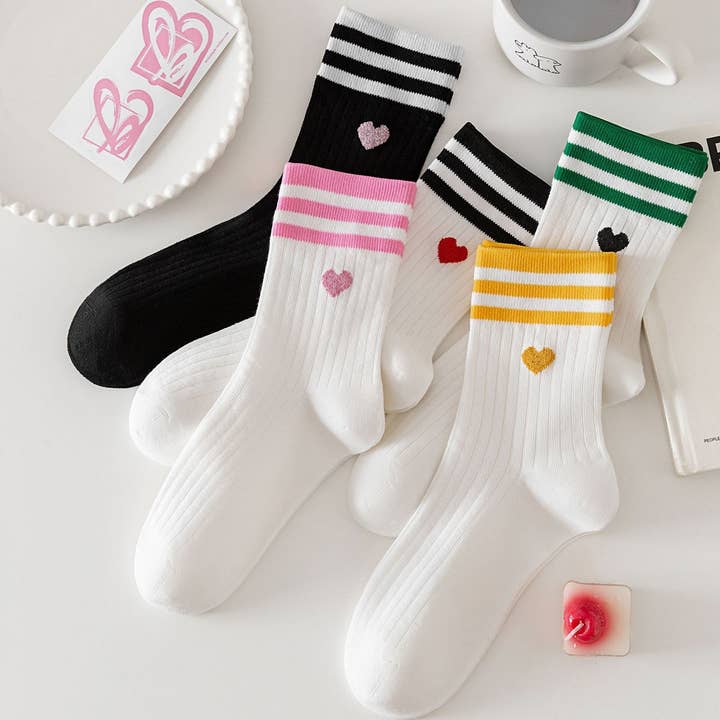 ACCITY - Wholesale Socks - Women's - College Style Heart, Two Stripes Print Crew Socks_CWMS09009