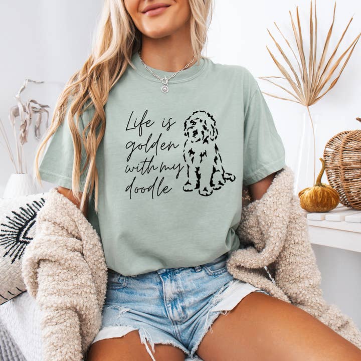 Verita Culture - Wholesale Screen Printed T-Shirt - Women's - Life Is Golden With My Doodle Dog mom Garment Dyed T Shirt1