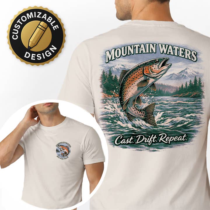 T-shirt personalizzabile Mountain Waters con trota – pesca a mosca vintage per la vendita all'ingrosso da parte di Textile Graphix