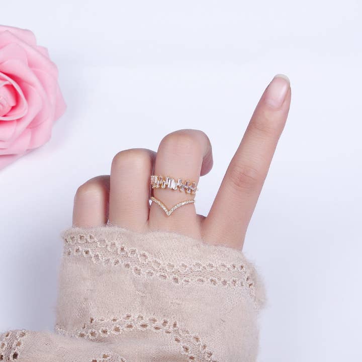Aim Eternal - Wholesale Multi-Stone Ring - Gold Plated Curve Baguette CZ Diamond Chevron Ring