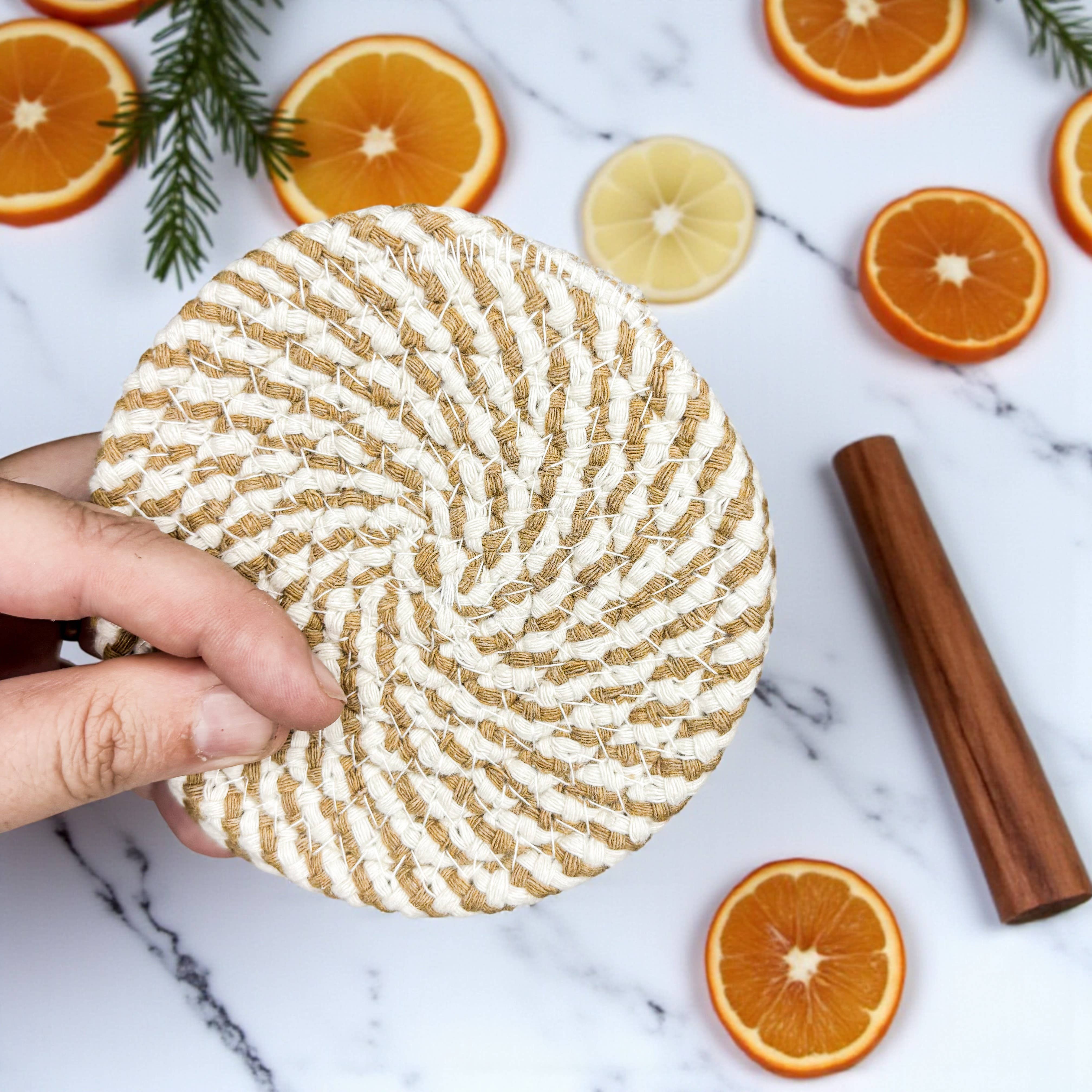 Gia Roma - Wholesale Coasters - Christmas Coasters, Red Candy Cane Braided Cotton Fabric Set73