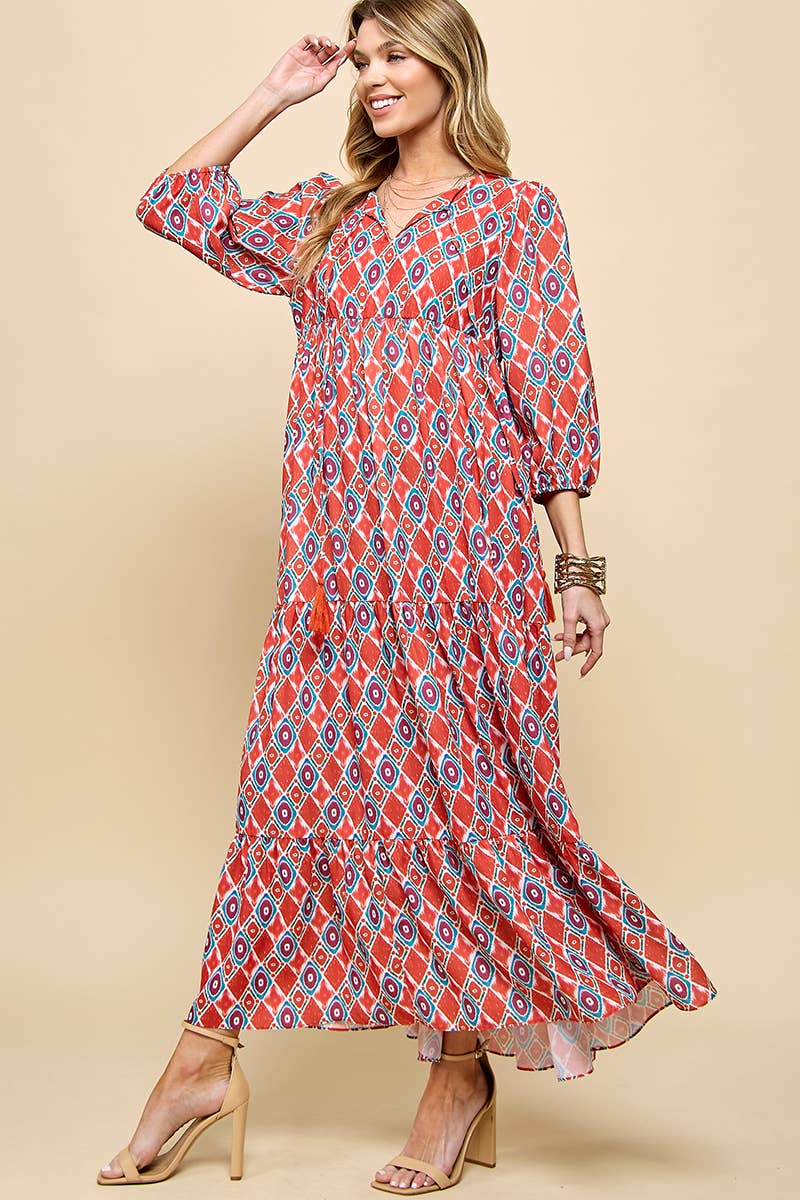 Cezele - Wholesale Dress - Women's - 3/4 Lantern Sleeve Print Boho Maxi Dress5