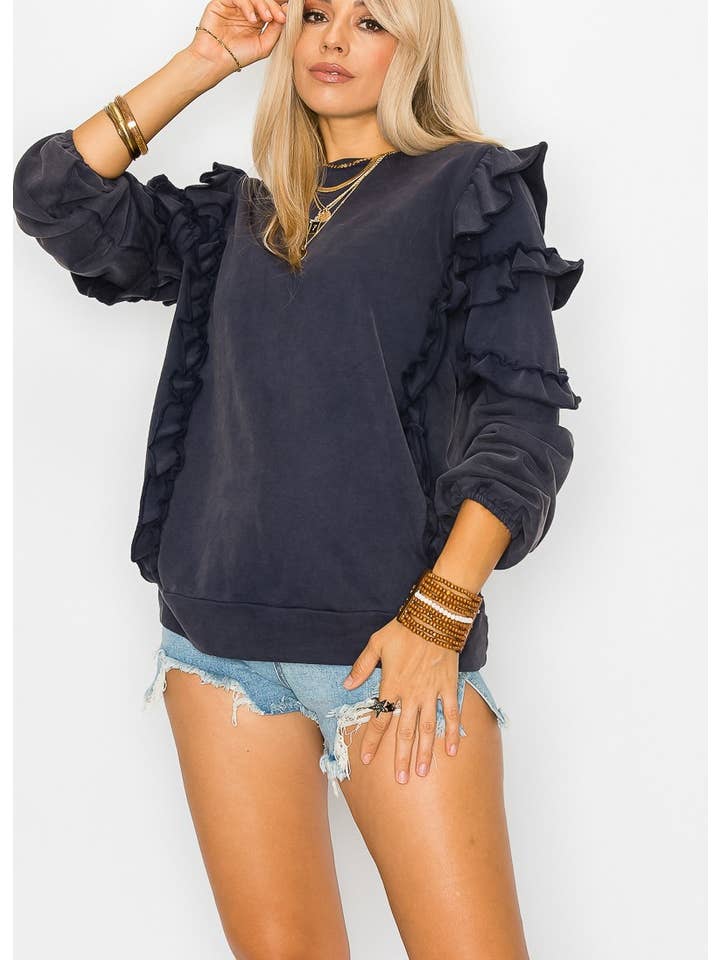 Cezele - Wholesale Sweatshirt - Women's - Ruffle sleeve french terry washed sweatshirt6