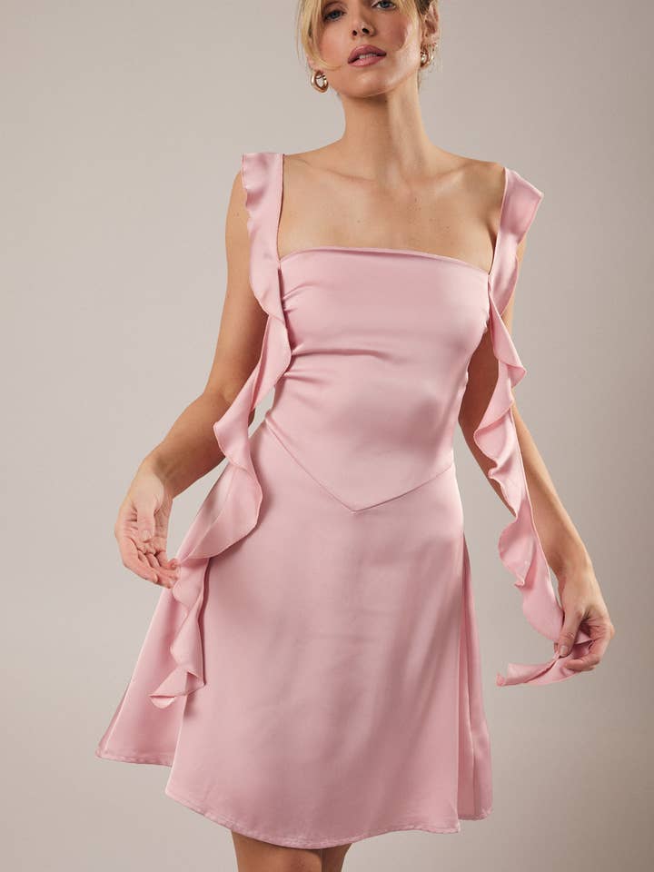 Rose Robe mini en satin à bretelles à volants en vente sur Faire5