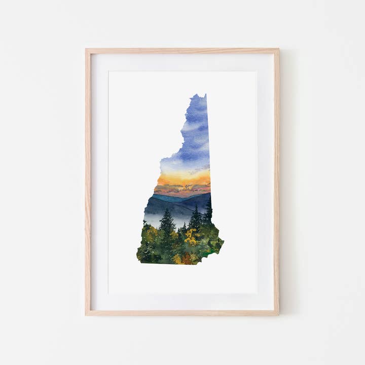 Impresión artística del estado de New Hampshire para venta al por mayor de Broken Paddle Studio