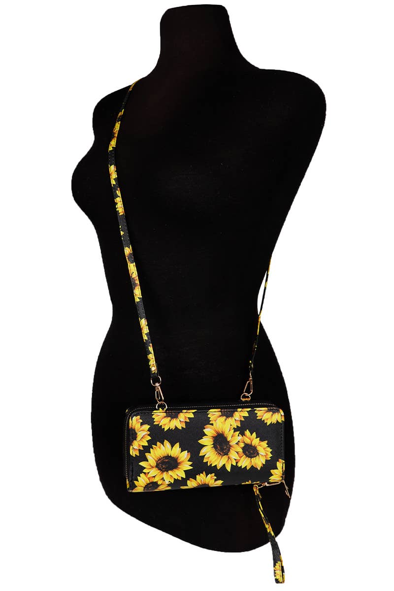 Cap Zone – wholesale Wallet – Women's – Sunflower Single Zipper Crossbody Strap Continental Wallet17
