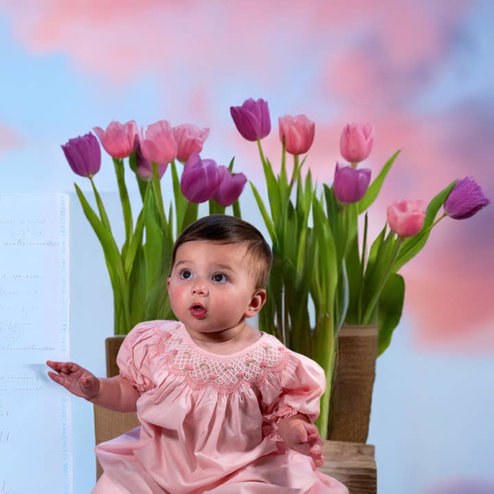 Hello Bebes! - Wholesale Dress - Baby - Solid Pink Geo Smocked Short Sleeve Bishop Dress