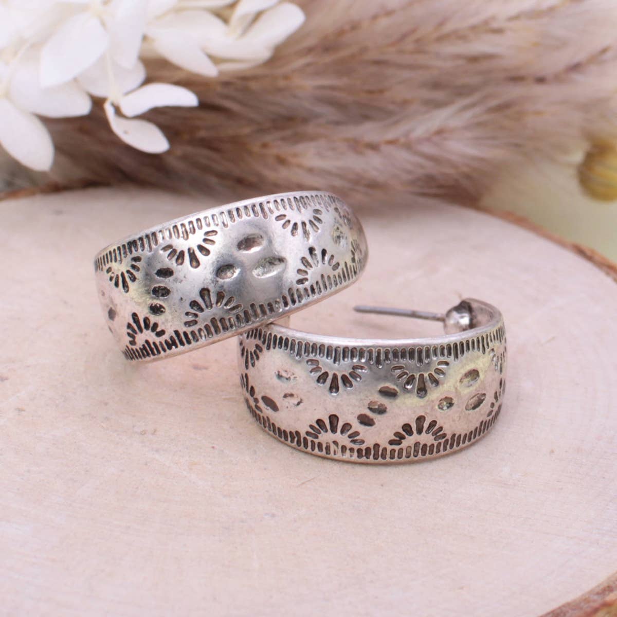 ZAD - Wholesale Hoop Earrings - Southwest Silver Textured Hoop Earrings3