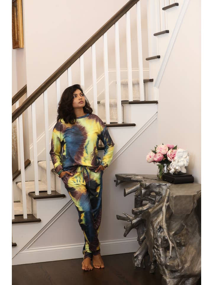Shoreline Wear. INC - Wholesale Lounge Set - Women's - Blue & Gold Tie-Dye Long-Sleeve Crewneck Top & Joggers