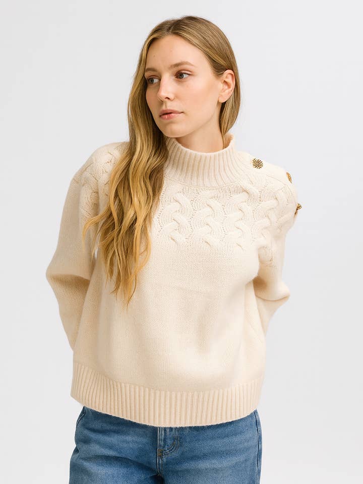 Twisted Collar Sweater with Gold Buttons AP156 BEIGE for wholesale by Afinity