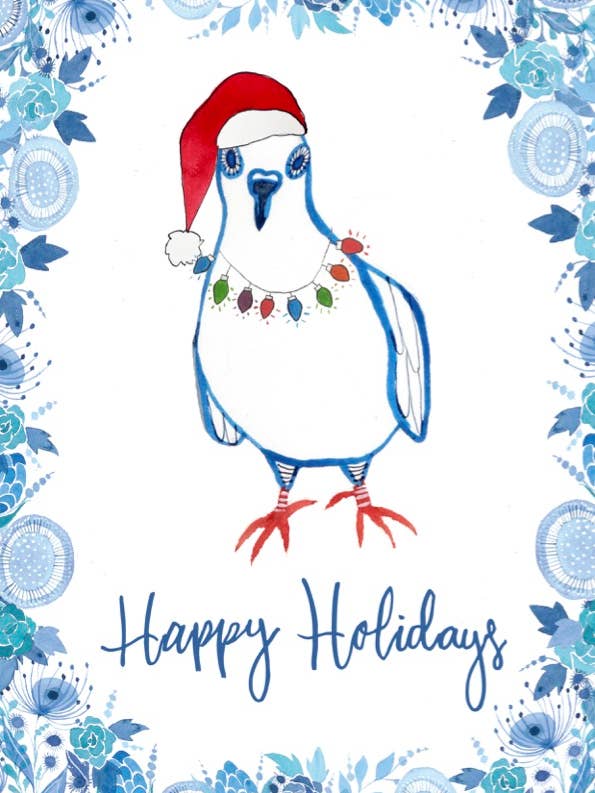 Happy Holidays Pigeon Greeting card for wholesale by Juni BK