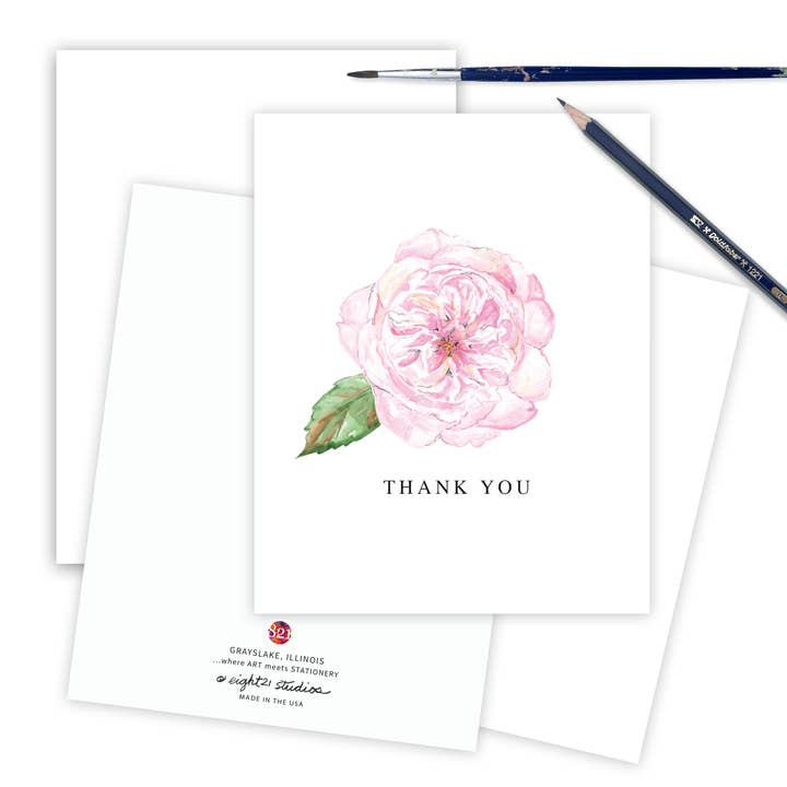 Eight21 Studios + Unique Greeting Cards, Art and Stationery - Wholesale Thank You Card - Pink Blush Garden Rose Floral Thank You Greeting Card