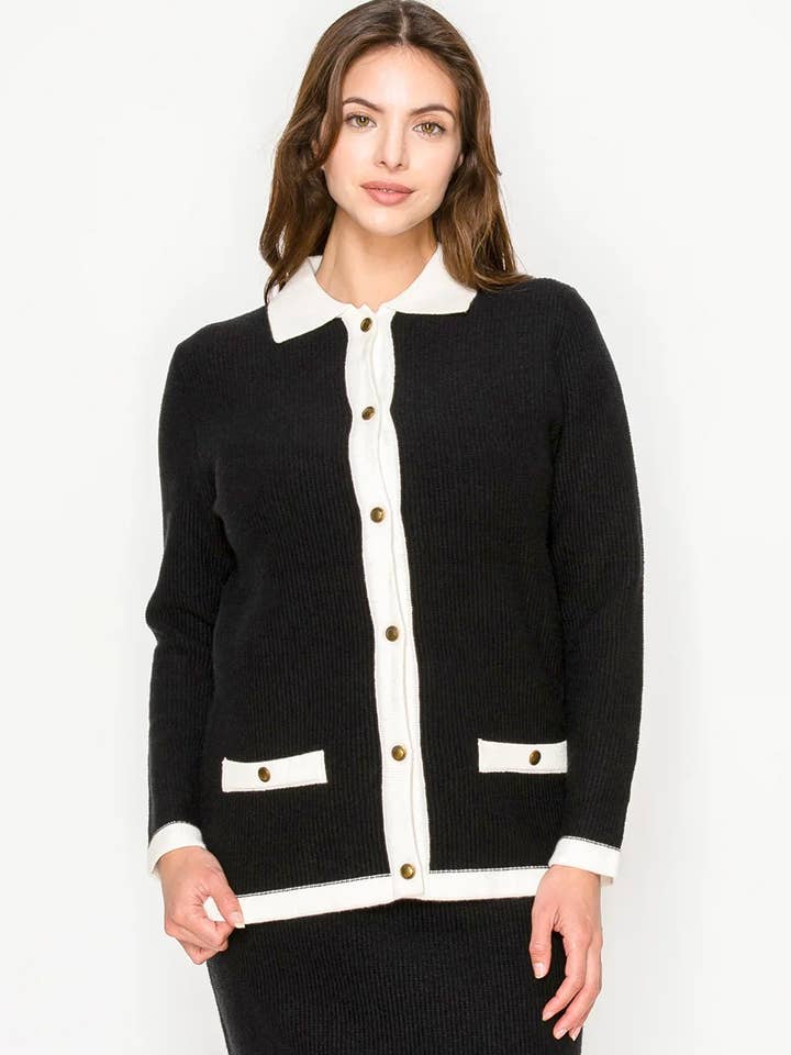 Sort cardigan med hvide detaljer for engroshandel hos Yal New York