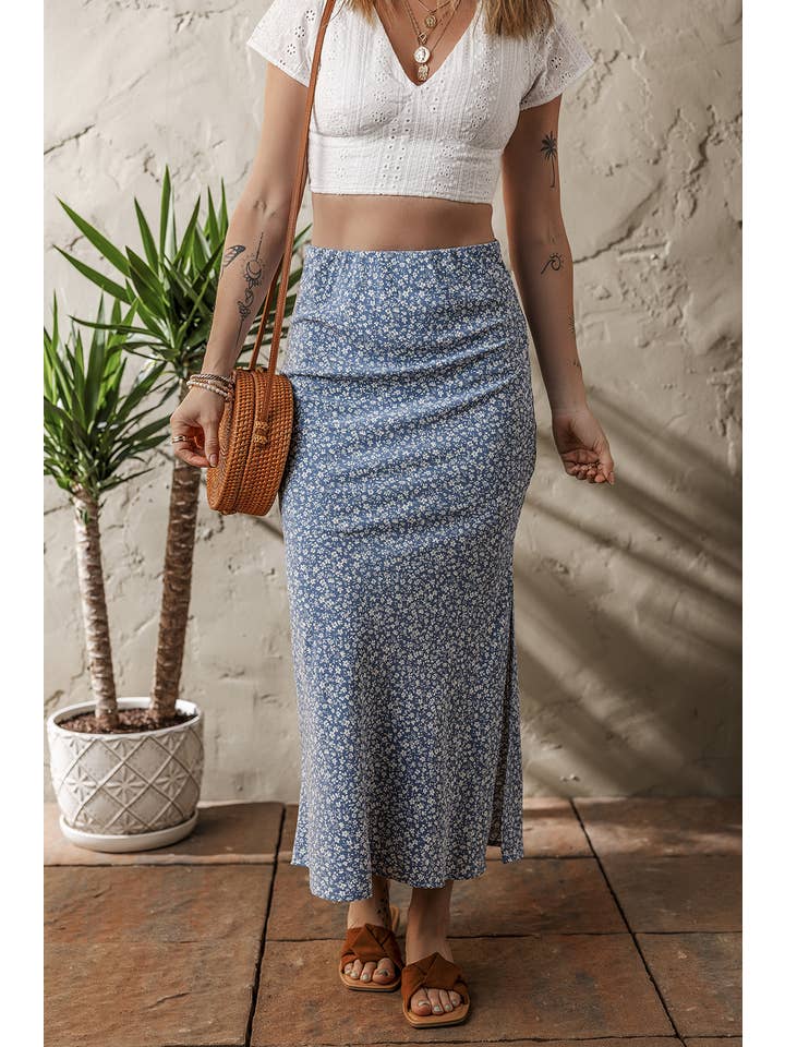 Sky Blue LDC Boho Floral High Waist Long Skirt with Side Split for wholesale on Faire