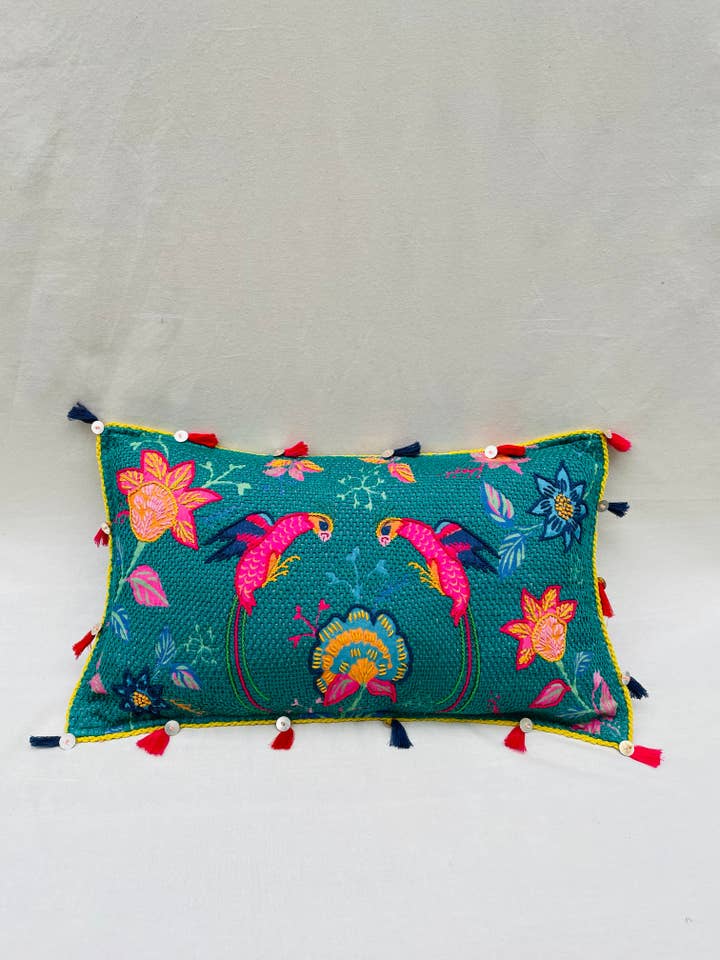 Turquoise Parakeet Throw Pillow Cover for wholesale by Roopa Pemmaraju