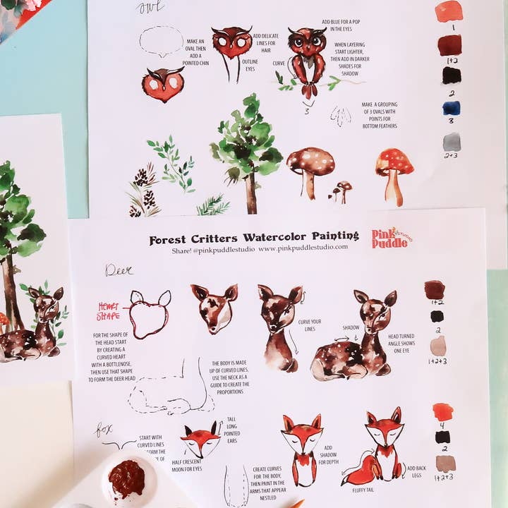 Pink Puddle Studio - Wholesale DIY Craft Kit - Watercolor Painting Kit Deer, Fox, Owl Forest Animals