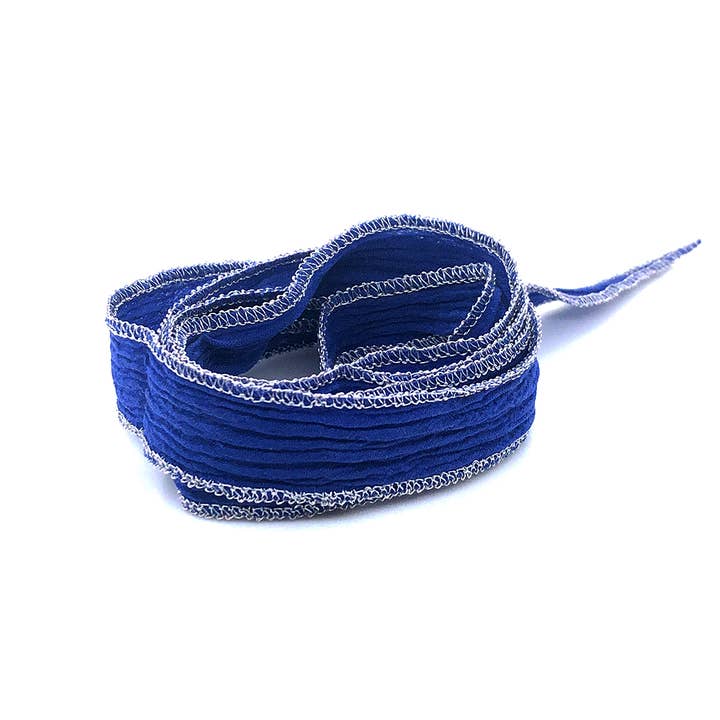 100% Gekochtes Seidenband Kobaltblau Silberlinie für den Großhandel von Woo's pure feelings