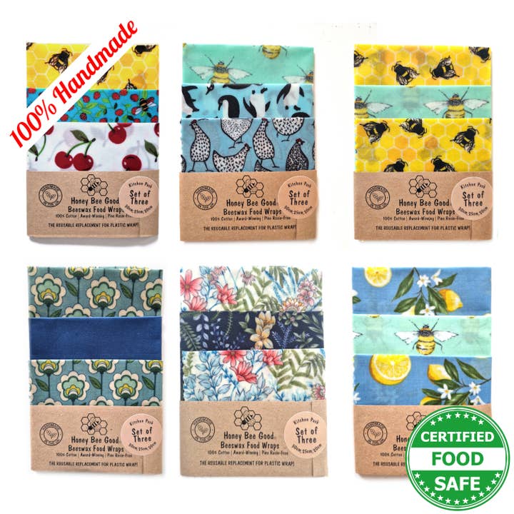 Honey Bee Good – Wrap/saco para armazenar alimentos por atacado – Conjunto artesanal de 3 capas de cera de abelha (P, M, G) | 2 conjuntos de cada tamanho