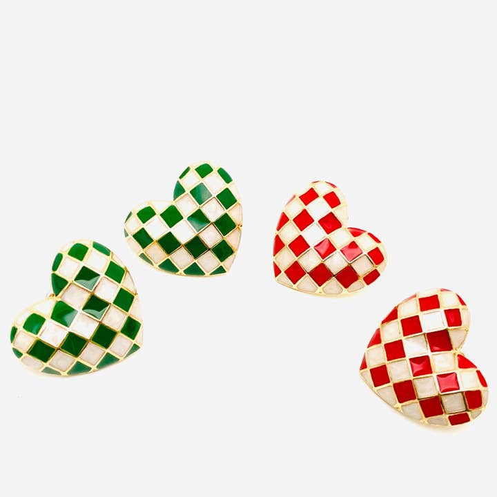 Mio Queena - Wholesale Stud/Post Earrings - Enamel Plaid Heart Stud Earrings