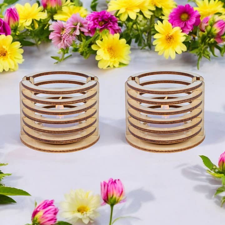 Set of 2 Futuristic Design Wooden Candle Holders for wholesale by BoisMagique